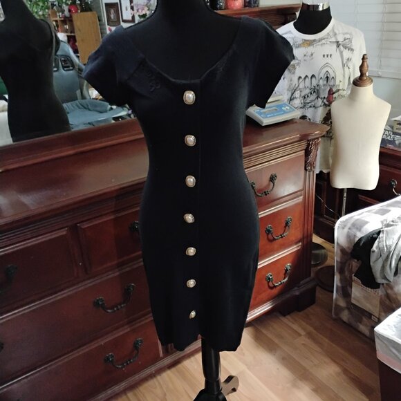 Black Mini Dress with Pearl & Gold Buttons - Picture 1 of 7